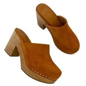 Charlotte Stone Marlo Orange Suede Wooden Block Heel Clogs Platform Mules Size 8